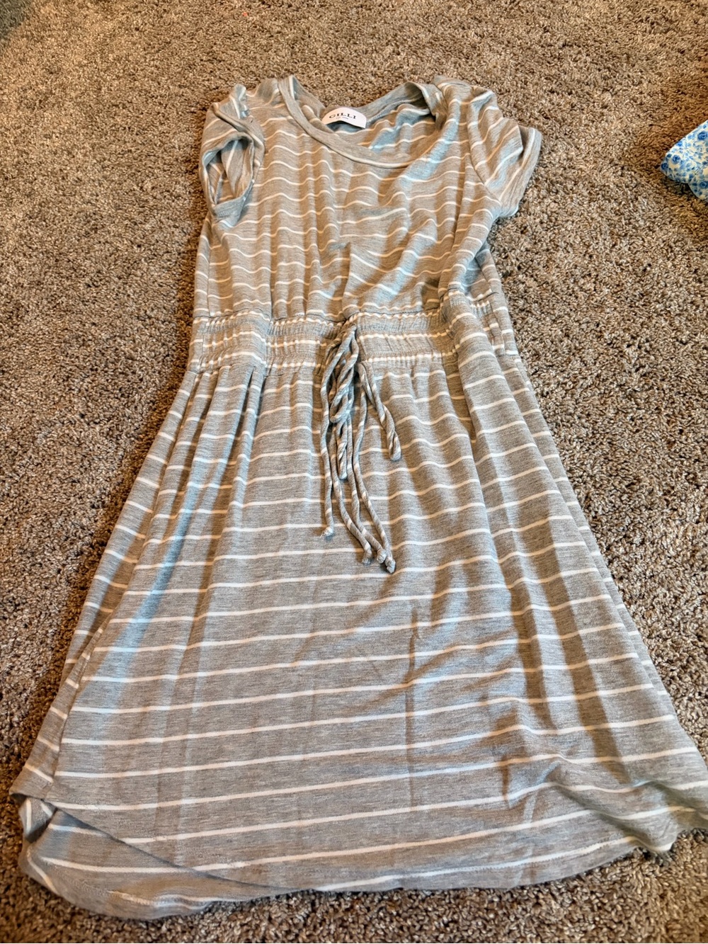 Gilli Gray and White Striped Drawstring Midi Dress